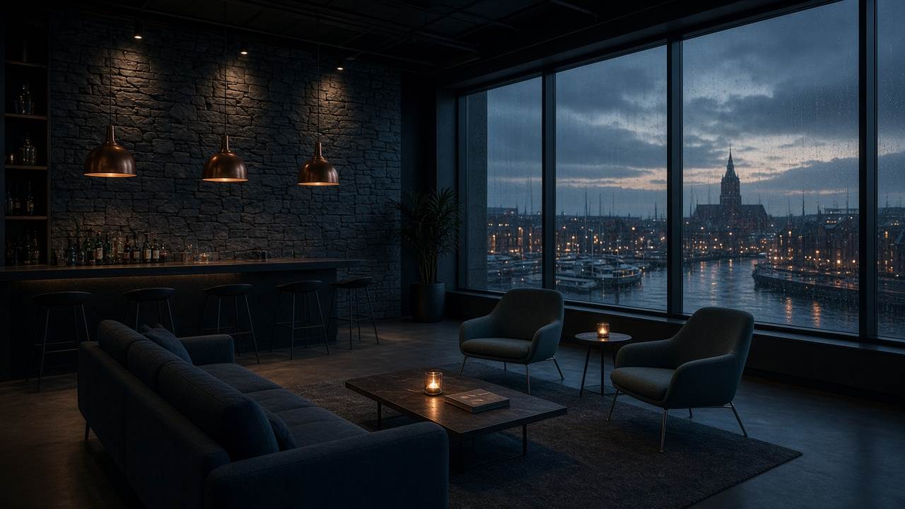 Pusty lounge hotelowy z widokiem na port wieczorem